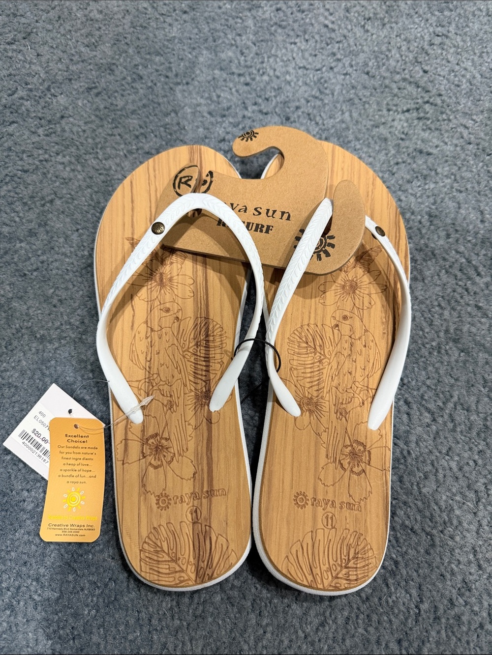 raya sun Brown Woodgrain Flip Flops with White Straps